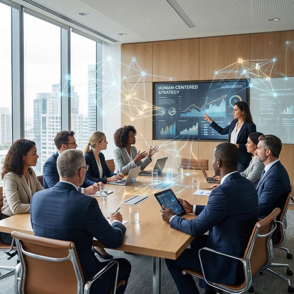 Boardroom strategy session with AI integration